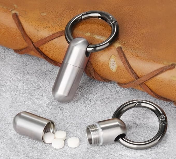 Titanium Keychain Pill Holder Mini Daily Pill Box Pendant Container Waterproof Metal Case Bottle Portable Organizer (Ti 2 with Ring)