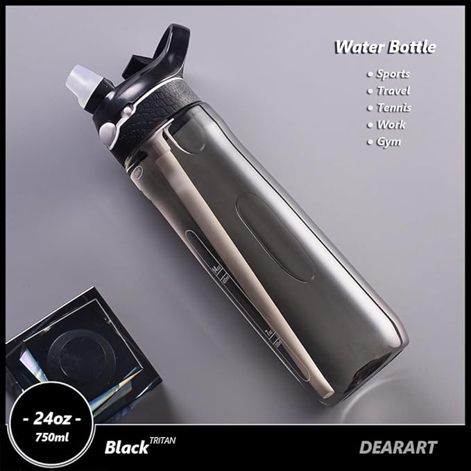 DEARART 2-Pack 24oz Dark Cyan & Black Water Bottles With Straw, Leakproof BPA FREE Hidden Nozzle, Flip Up Lid Has Handle Wide Bottle Easy Clear, Suit Office Outdoor Sports Travel Gym.