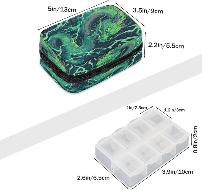 Abstract Green Dragon Pill Case Travel Pill Organizer Weekly 7 Day Portable with Zipper Medicine Box Pill Case for Vitamins, Birth Control,Fish Oils,Medication, Supplements