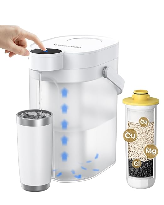 Waterdrop Rechargeable Water Filter Dispenser, 5-Stage Long-Life Instant Electric Powerful Pitcher, Reduce 70+ Contaminants, Soften Water, 15-Cup Countertop Water Filtration System, NOT Reduce TDS
