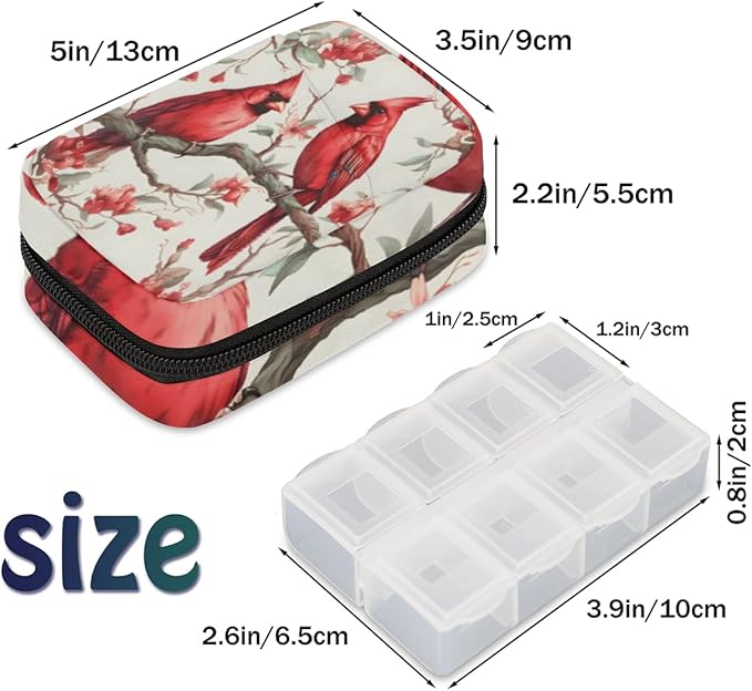 Cardinal Birds Travel Pill Organizer Bag Portable Weekly Pill Box Travel Medicine Organizer 7 Day Pill Case with Zipper for Daily Travel Family Business