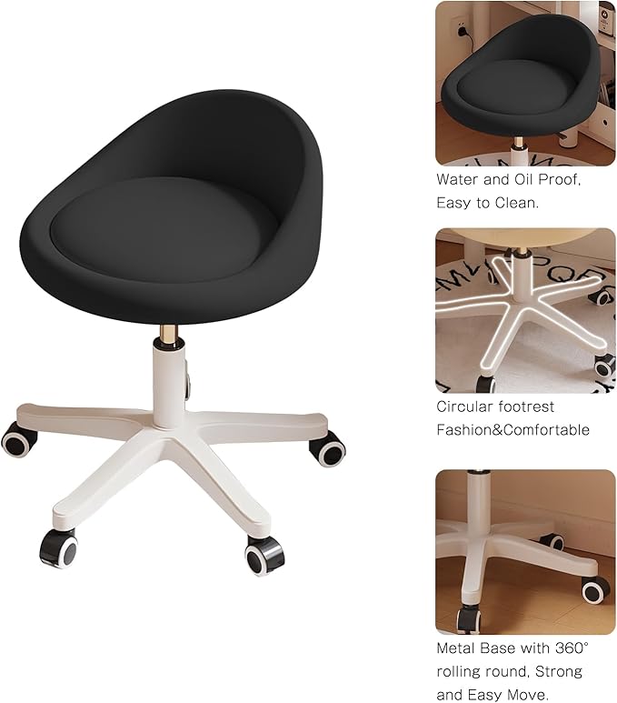 Rolling Stool Chair with Backrest, Round PU Leather Adjustable Height Hydraulic Swivel Rolling Stool for Spa Salon Tattoo Massage Doctor Dental Medical Office Black