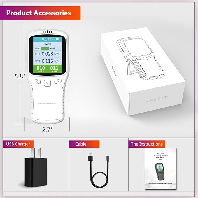 Air Quality Monitor Indoor, 8 in 1 Formaldehyde Detector, voc Meter, Detect Indoor HCHO,TVOC,AQI,PM2.5,PM10,PM1.0,Temperature and Humidity Tester. Colorful LCD Screen & USB Charging (White)