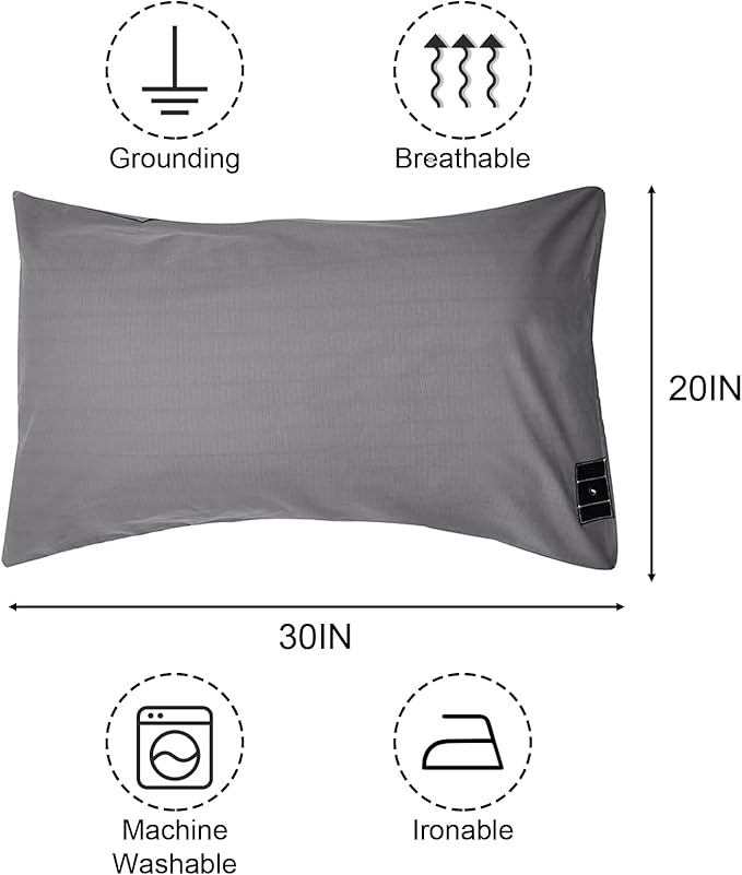 Grounding Pillowcase with Organic Cotton Silver Fiber, Conductive Grounding Pillow Case for Better Sleep, Gray, 20x30 inch