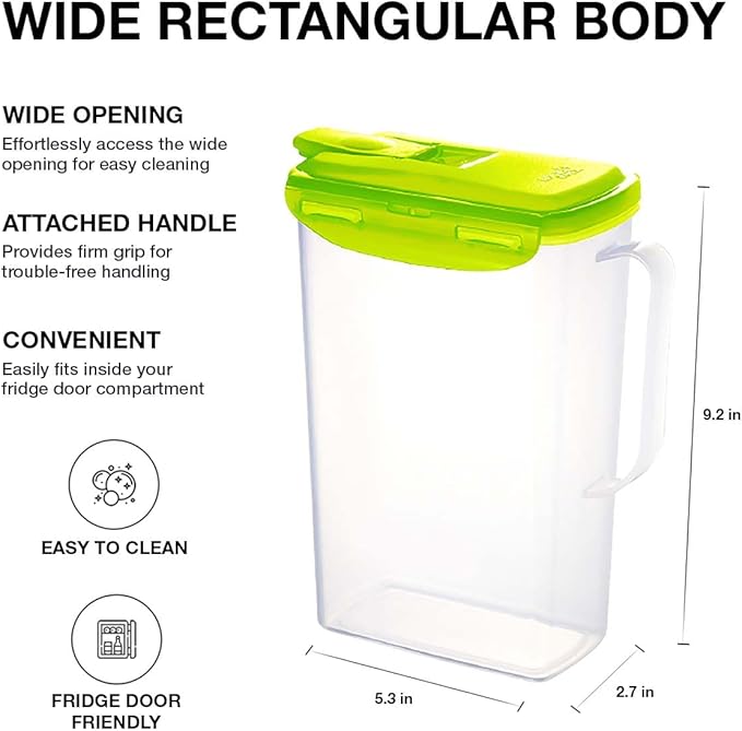 LocknLock Aqua Fridge Door Water Jug with Handle BPA Free Plastic Pitcher with Flip Top Lid Perfect for Making Teas and Juices, 2 Quarts, Green