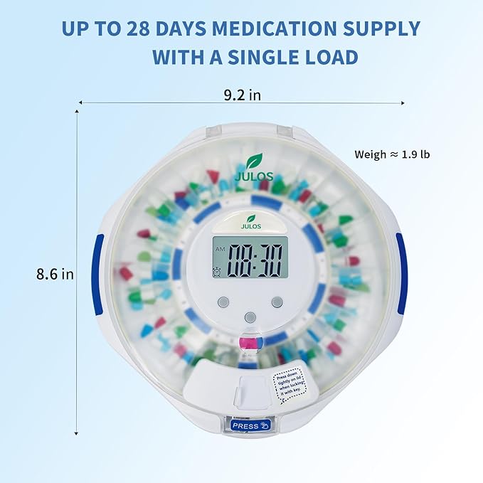 JULOS 28-Day Automatic Pill Dispenser with Lock for Elderly, Electronic Medication Organizer with Sound/Light Alerts, up to 6 Alarms/Day, Frosted Lid Medication Dispenser for Protecting Pills Privacy