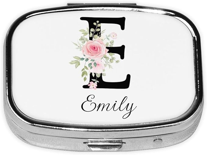 Custom Pill Box Personalized Square Small Pill Case with Mirror Add Your Photo Text Logo Name Decorative 2 Compartment Portable Metal Medicine Container Vitamin Organizer for Pocket Purse Travel (E)
