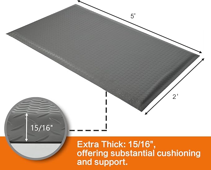 Nisorpa Anti Fatigue Mats Industrial 2' x 5' Ergonomic Standing Mat 15/16" Extra Thick Cushioned Shop Floor Mats Kitchen Mats Heavy Duty Commercial Diamond Plate Support for Leg & Back Pain, Grey