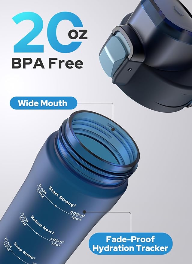 Opard 20oz Plastic Water Bottle Dishwasher Safe, Leakproof Flip-Top Lid, BPA Free Tritan, Wide Mouth Reusable Kids Water Bottle for School Hiking Commuting Outdoor Travel and Gym