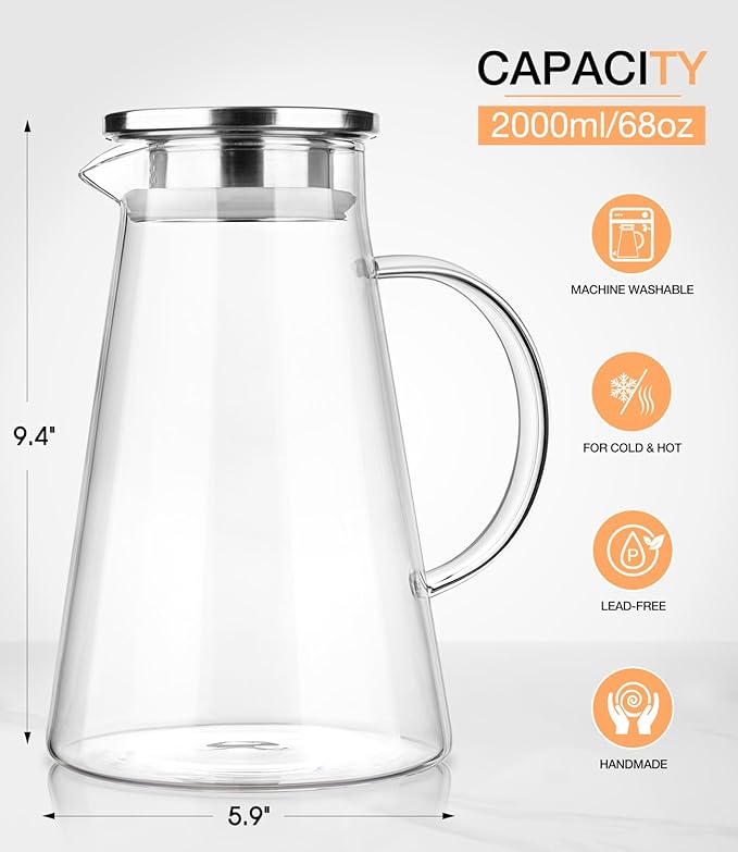 LUNA&MANTHA Glass Pitcher, 2 Liter 68oz Water Pitcher with lid and Handle, Large Ice Tea Jug for Fridge, Borosilicate Glass Carafe for Hot/Cold Drink, Juice, Coffee, Milk, Beverage