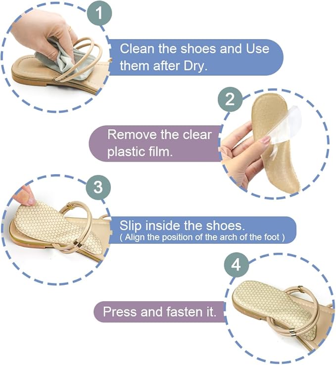 Dr.Foot Arch Support Shoe Inserts for Plantar Fasciitis Relief, Self-Adhesive Arch Pads Heel Cushion for Flats, Heel Pain, Gel Arch Insoles for Men and Women 2 Pairs (Apricot, Large)