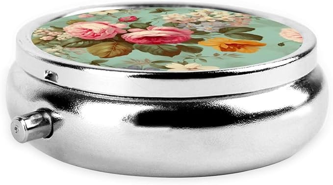 Pill Box 3 Compartment Medicine Pill Organizer Vintage Floral Flowers Round Pill Case for Purse & Pocket Travel Pillbox Portable Metal Medicine Vitamin Fish Oil Organizer Unique Gift