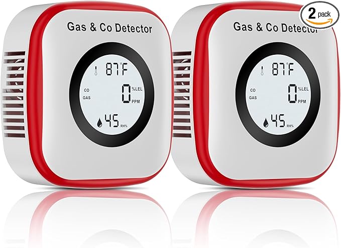 Carbon Monoxide Detectors & Gas Leak Detector, CO Detectors Plug in Wall with Battery Box & Sound and Light Alarm, Portable Carbon Monoxide Detector with Humidity & Temperature 2 Pack