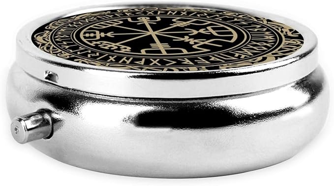 Black Celtic Viking Design Magical Runic Compass Vegvisir in The Circle of Norse Runes and Dragons Tattoo Decorative Round Silver Pill Box Pocket Medicine Tablet Holder Organizer Case for Purse