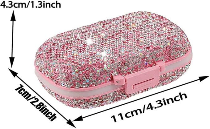 Daily 6 Compartments Pill Box Container Bling Diamond for Purse Medicine Container Holder for Women Travel Kit Medicine (AB Pink)
