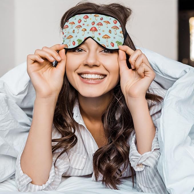 Mushrooms Silk Eye Mask Sleep Mask Summer Flowers Strawberry Butterfly Berries Eye Mask with Adjustable Strap Lightweight for Women Work Travel Night Sleep