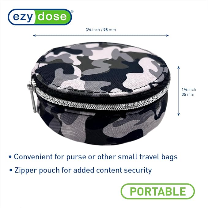 EZY DOSE Travel Pill Organizer with Built-in Mirror, Features Zippered Camo Case, Compact and Portable Medication Case for Daily Vitamins, Pills, and Medicine, Ideal for Travel and On-The-Go Use
