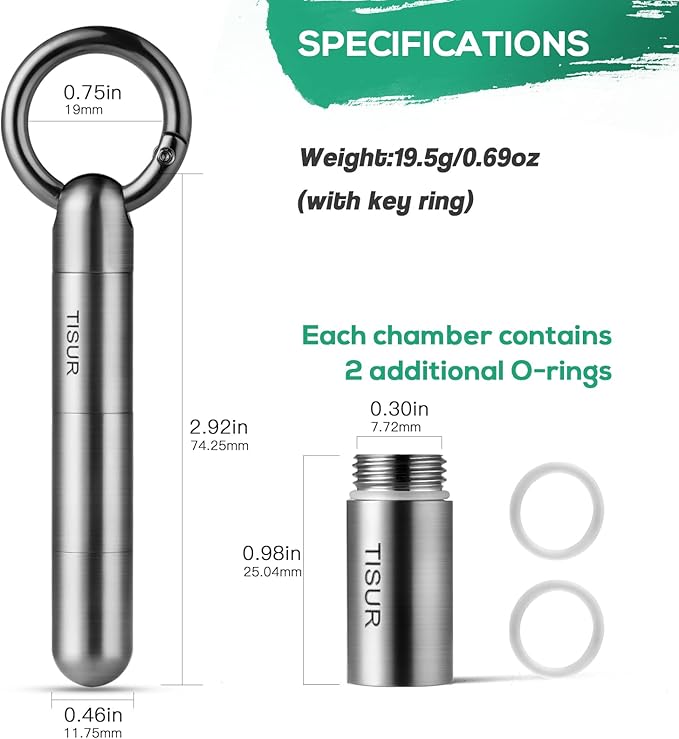 TISUR Titanium Pill Case Keychain Pill Holder+Titanium Key Chain Clip Hook