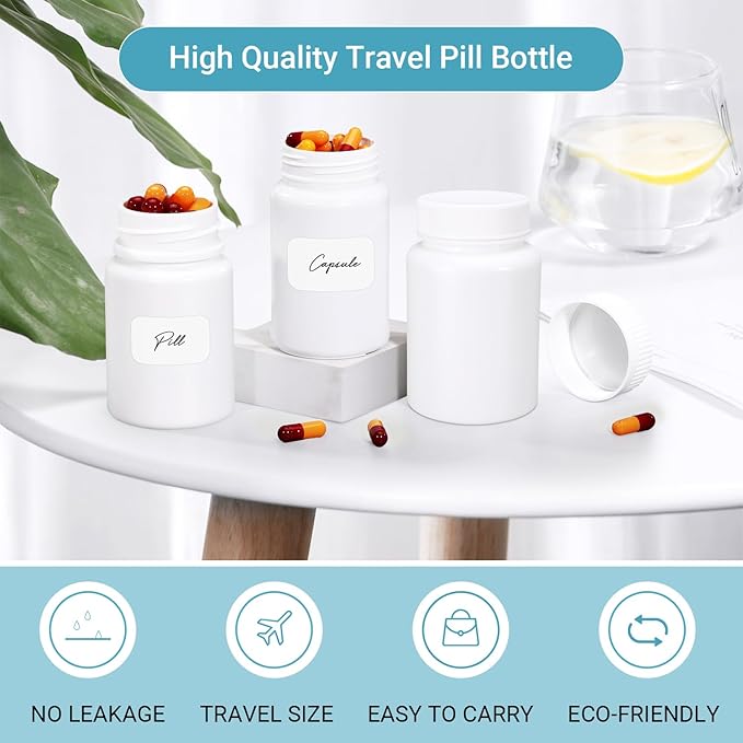 White Pill Bottle, Empty Medicine Bottles with Screw Caps for Pills Capsules Vitamins, Food Grade Plastic Medicine Containers with Labels for Travel (6.7oz/200ml, 4 Pcs)