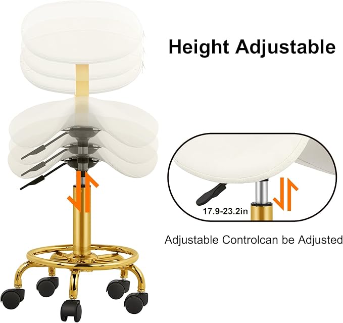 Saddle Stool with Back Support Ergonomic Saddle Chair with Wheels Hydraulic Stool Rolling Soft Cushion for Tattoo Salon Shop Spa Home White