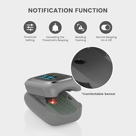 Fingertip Pulse Oximeter, Vibeat Portable SPO2 Monitor with Pulse Rate, Finger Blood Oxygen Saturation Meter with 12 Sets of Data Records, Gray