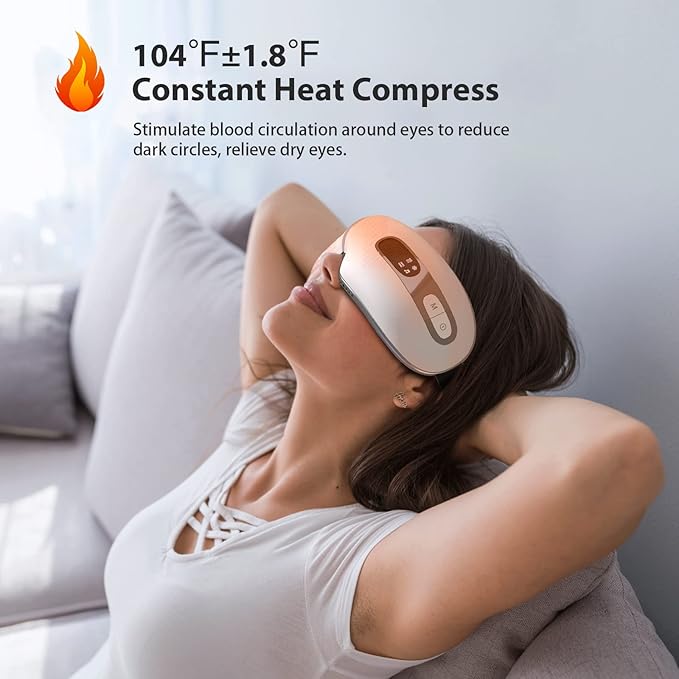 Eye Massager with Heat and Cooling Bluetooth & Compression for Migraines, Dark Circles Relax Dry Eyes, Improve Sleep Gift for Men Women