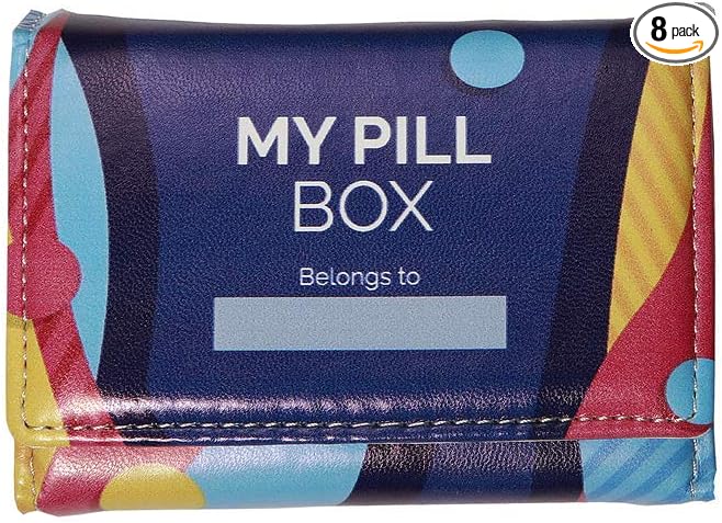 Weekly Pill Box Organizer, 8 Compartments, Portable Travel Pill Case, Folding Cover to Hold Medication, Supplements - Kids/Teen Bright