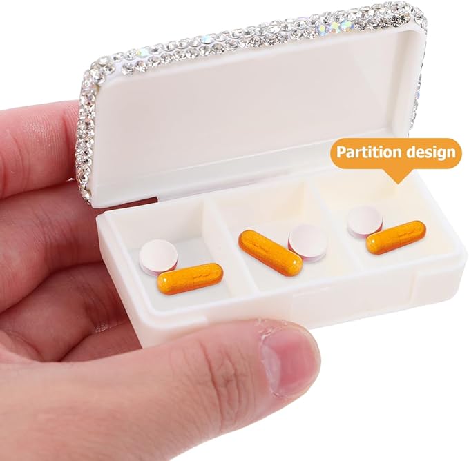 Didiseaon Bling Rhinestone Pill Case: Pill Container Box Portable Waterproof Pocket Holder Rectangular Plastic Storage Organizer for Outdoor Camping Travel