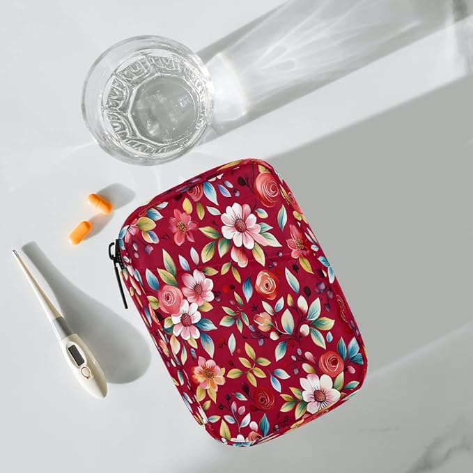 Flower Retro Floral Pill Case Everyday Travel, 7 Day Weekly Medicine Pill Box Compact Portable Pills Bottle Organizer with Zipper for Daily Vitamin Medicine Holder Bottle Organizers Bag