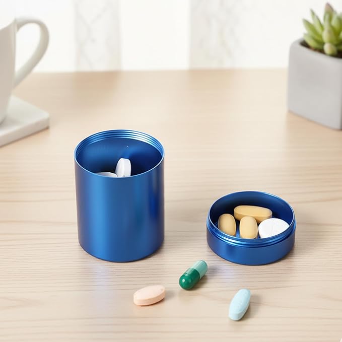 Portable Round Metal Pill Case, Aluminum Alloy Pill Holder, Waterproof Medicine Organizer for Travel, Outdoor, Vitamins, Fish Oils, Blue