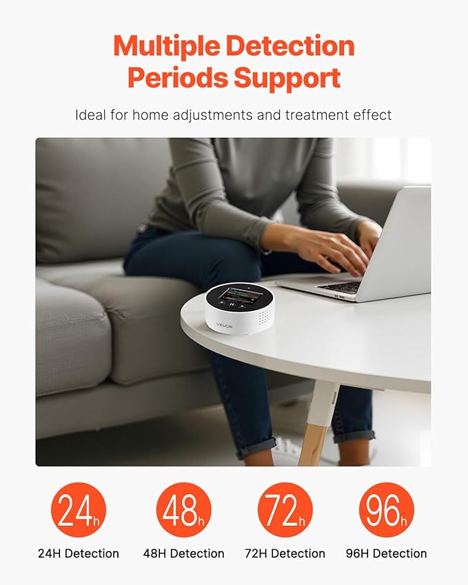 VEVOR Radon Detector for Home, Portable Radon Gas & Air Quality Monitor with LCD Color Display, Visual & Audible Alarms, Long-Term Monitoring, Battery Operated or Wired Use