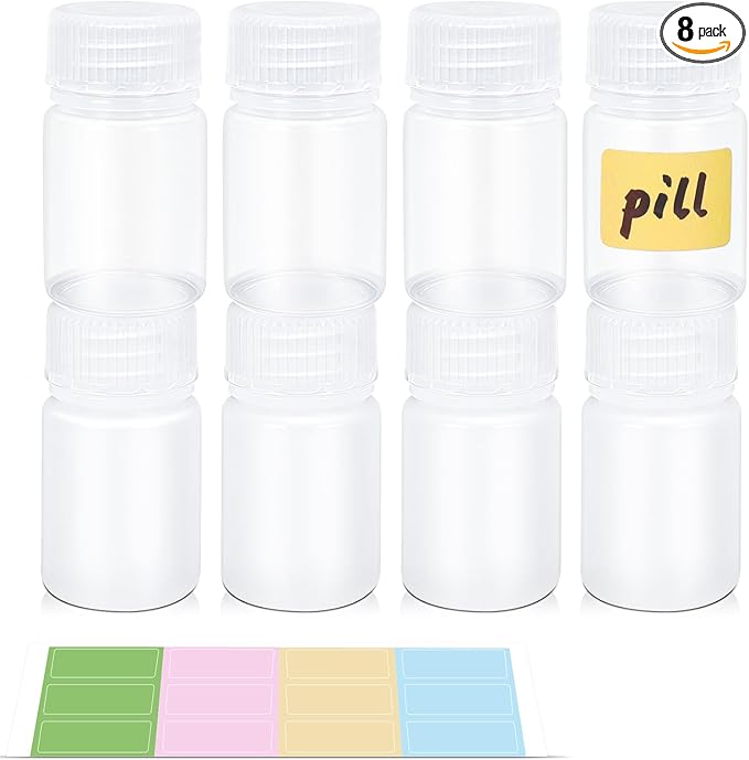 Small Pill Bottle, Empty Medicine Bottles with Screw Caps for Pills Capsules Vitamins, Food Grade Plastic Medicine Containers with Labels for Travel (Clear&Translucent, 1oz/30ml, 8 Pcs)