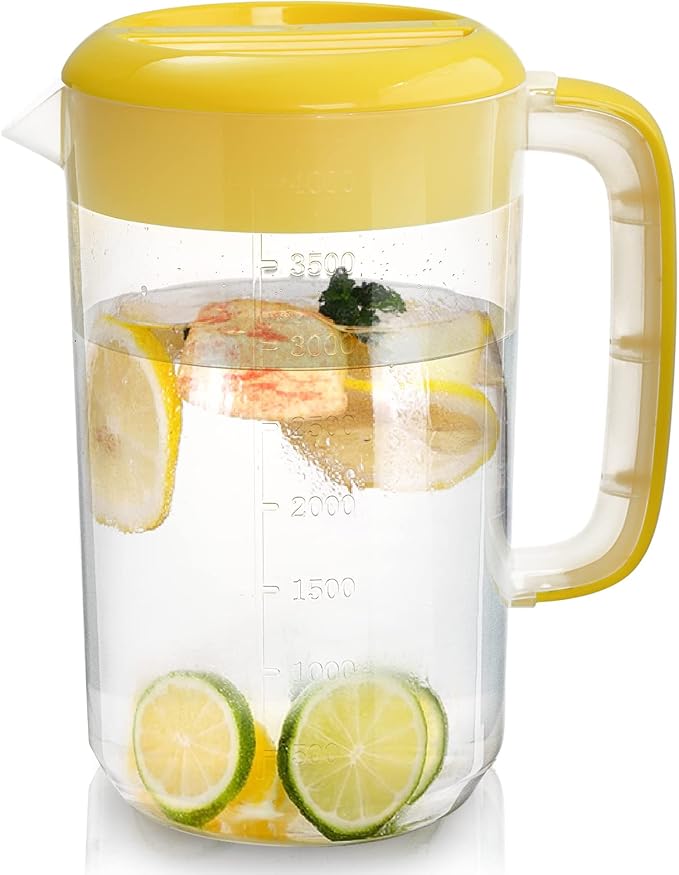 Jucoan 2 Pack 1 Gallon Plastic Water Pitcher with Lid, Large Gallon Water Jug, Juice and Iced Tea Beverage Carafe with Filter Lid, Handle, Scale for Fridge, Party