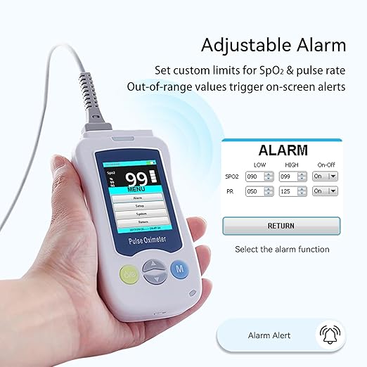 Handheld Pulse Oximeter for Kids, Medical Grade SpO2 Pulse Rate Oximeter Accurate Oxygen Monitor Children with Alarm and Continuous Monitoring, Portable and Support 500 Data Storage for Home