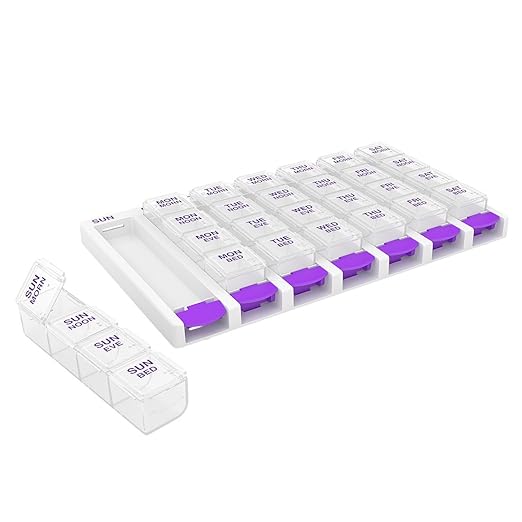 EZY DOSE Weekly (7-Day) Daily Pill Case, Medicine Planner, Vitamin Organizer Container, 4 Times a Day, Small Removable Compartments, Covenient and Easy to Use, Color May Vary, Clear Lids, BPA Free