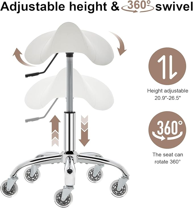 Saddle Stool, Ergonomic Saddle Chair with Wheels 450 LBS, Adjustable Height Swivel Salon Stool, Rolling Stool for Home Office Tattoo Massage Clinic Lab Beauty (White)