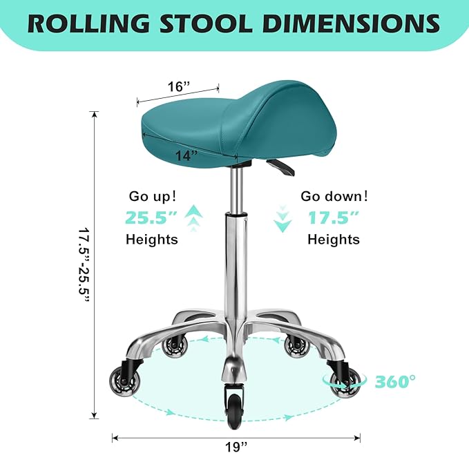 Saddle Stool with wheels Ergonomic - Heavy Duty 400lbs, Upgraded Thick Saddle Cushion, Healthy Posture Correction, Swivel Adjustable Rolling Saddle Stool, Saddle Chair for Salon Massage Home (Green)