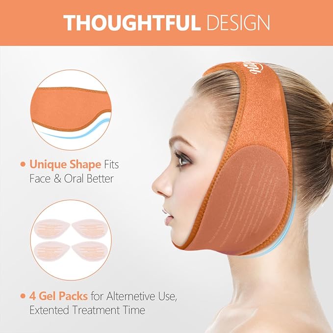 Hilph Face Ice Pack Wisdom Teeth Ice Pack Head Wrap with Washable Jaw Wrap and 4 Replacement Hot Cold Pack for Facial Oral Surgery, TMJ, Tooth Extraction, Dental Surgery, Tonsillectomy Recovery Orange