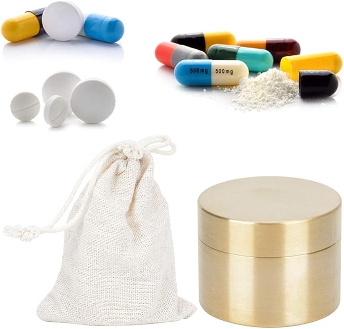 Brass Pill Case , Brass Mini Pill Container , Outdoor watertight Round Shape Brass Box , Metal Jewelry Sealed Container for Outdoor Sports , Camping , Hiking and Traveling(S)