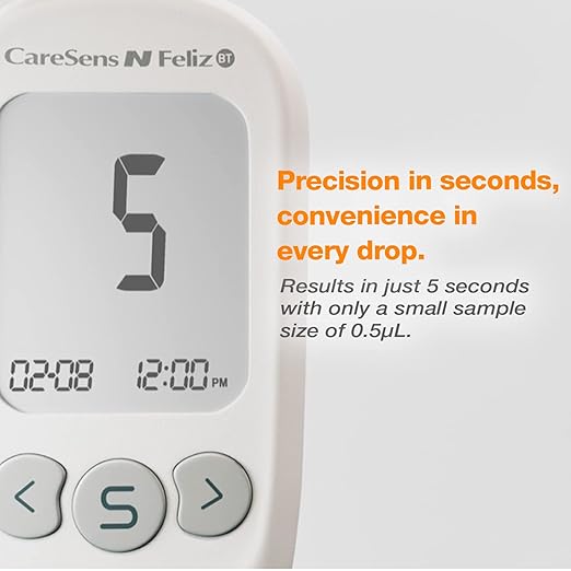CareSens N Feliz Blood Glucose Monitoring System - Meter Only - 1 Diabetes Blood Glucose Meter, 1 User Guide, 1 Quick Reference guide, 1 Case & 1 CR 2032 Battery