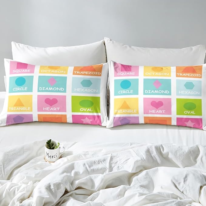 Feelyou Kids Shapes Fitted Sheet Full Size, Educational Bed Sheet Set Boys Girls Preschool Bedding Set Learning Teens Bedroom Decor Lightweight Bed Set (No Flat Sheet)