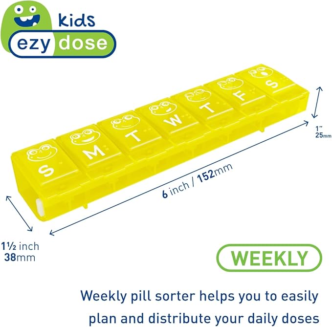 EZY DOSE Kids Weekly (7-Day) Pill Case, Medicine Planner, Vitamin Organizer Box, Large Locking Compartments to Secure Prescription Medication and Prevent Accidental Spilling, Color May Vary, BPA Free