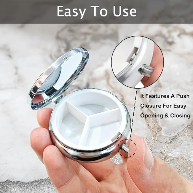 Portable Round 3 Compartment Metal Pill Box Features a Bunny in a Bucket Filled with Flowers for Organizing Medications Travel Essentials and Gift Giving