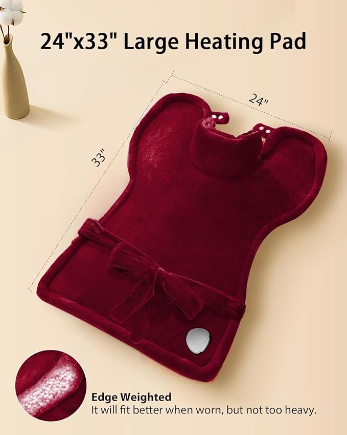 Heating Pad for Back Pain Relief, Mothers Day Gifts for Mom Women Grandma, Edge Weighted Electric Heating Pads for Neck and Shoulders, 6 Heat Settings, 4 Timer Options, Machine Washable, 24"x33", Red