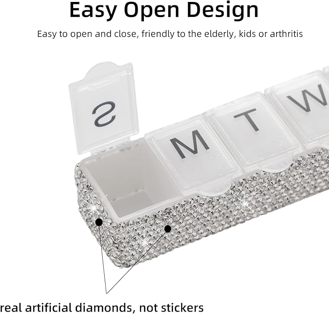 Weekly Pill Organizer 7 Day Small Pill Case Medicine Holder Daily Pill Box Bling Vitamin Container Medication Cases Organizers(AB)