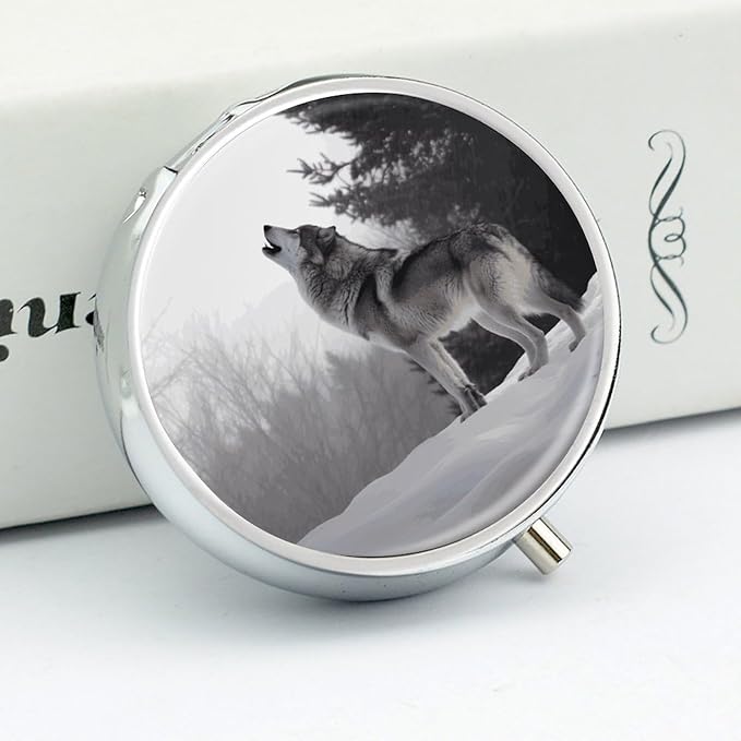 Howling Wolf Pill Box Travel Pill Case for Purse Pocket Weekly Medicine Organizer with Mirror 3 Compartment Round Medicine Case Portable PillcaseHolder for Daily