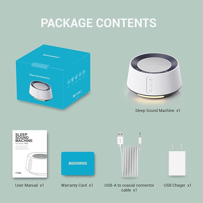 BGOVERSS White Noise Sound Machine with 20 Soothing Sounds, 10 Colors Night Light Sleep Machines Home Office Travel, 5 Timers and Memory Feature Sound Machine for Nursery Baby Kids Adults (White)