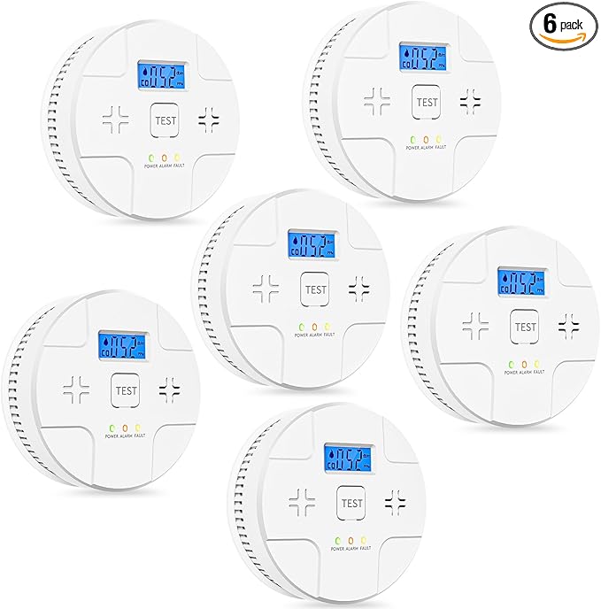 6 Packs,2 in 1 Technology, Smoke,Carbon Monoxide Detector, Co Alarm,85db Alert,LCD Readout,3 Color LED Indication,(Green Light Blinking at Work), with 3 AA Batteries,Easy Install,for Home and Kitchen