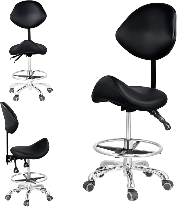 Saddle Stool with Adjustable Backrest and Footrest, Hydraulic Height Swivel Saddle Chair Ergonomic Rolling Stool with Wheels, Heavy Duty SaddleChair for Beauty Salon Spa Dentist tattooshop (Black)