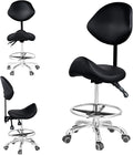 Saddle Stool with Adjustable Backrest and Footrest, Hydraulic Height Swivel Saddle Chair Ergonomic Rolling Stool with Wheels, Heavy Duty SaddleChair for Beauty Salon Spa Dentist tattooshop (Black)